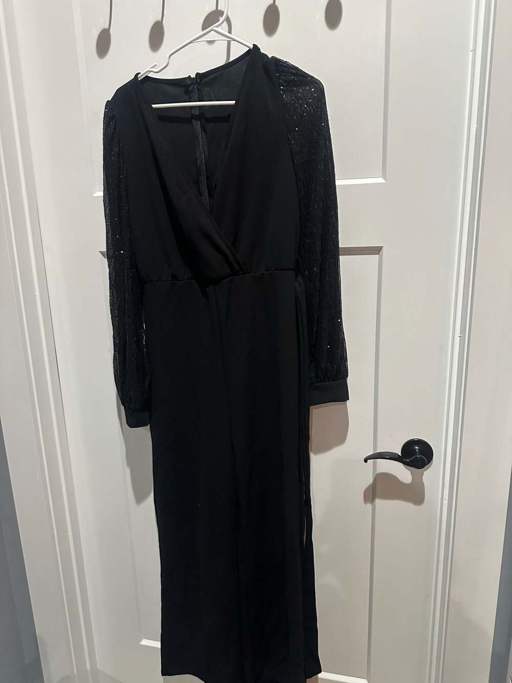 SHEIN Sequin Sleeve Jumpsuit Size L 40/42 8/10 Black Wrap Neck